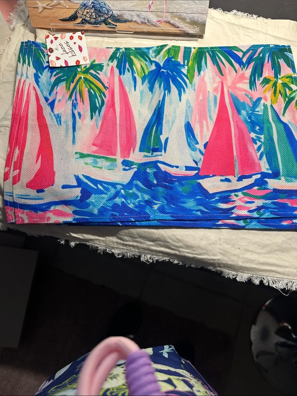 Pink Flamingo Beach Canvas, 4 placemats with Sailboat Print & flamingo  - Home